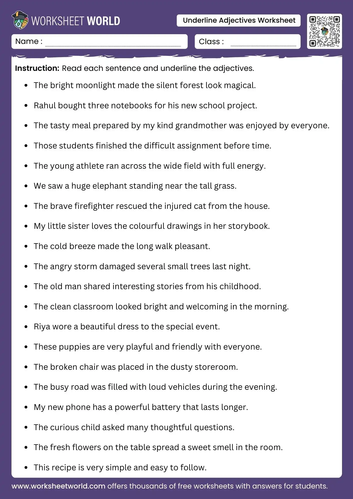 underline adjectives worksheet for class 3 class 4 class 5 grammar practice