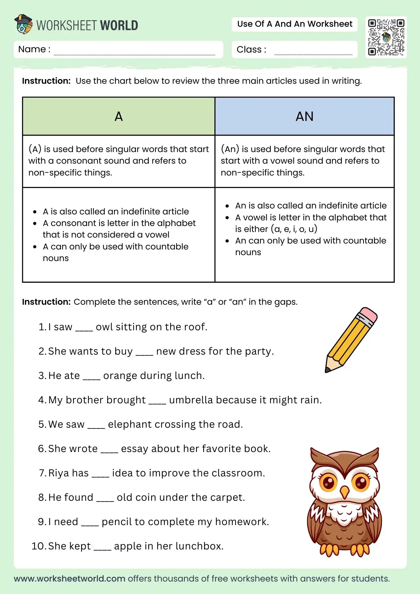 use-of-a-and-an-worksheet use of a and an worksheet for ukg class 1 class 2 class 3 printable grammar practice