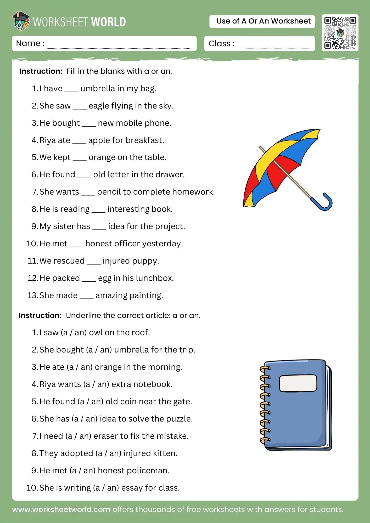 use-of-a-or-an-worksheet use of a or an worksheet for class 1 class 2 class 3 printable grammar practice