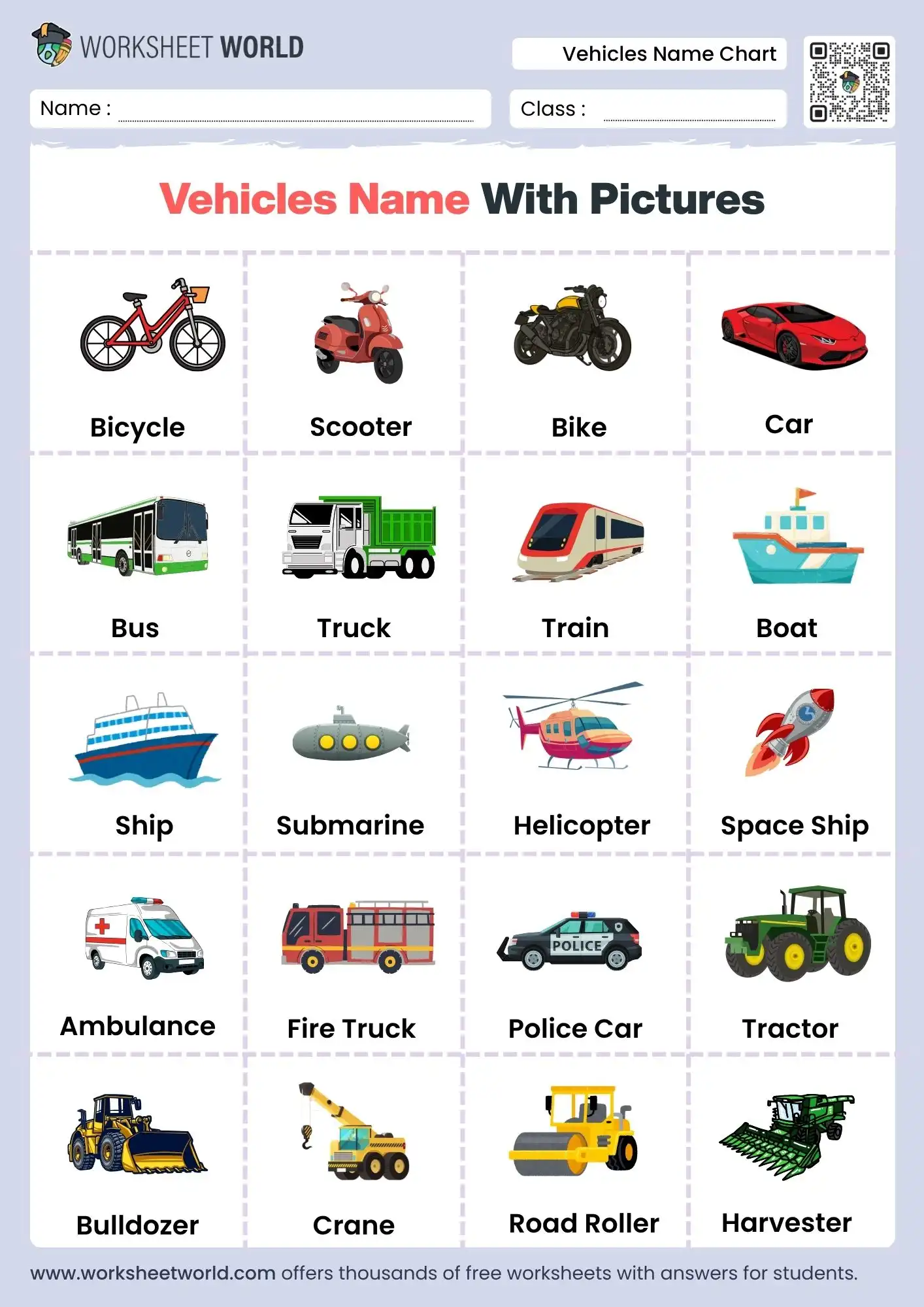 vehicles name in english chart for preschool kids