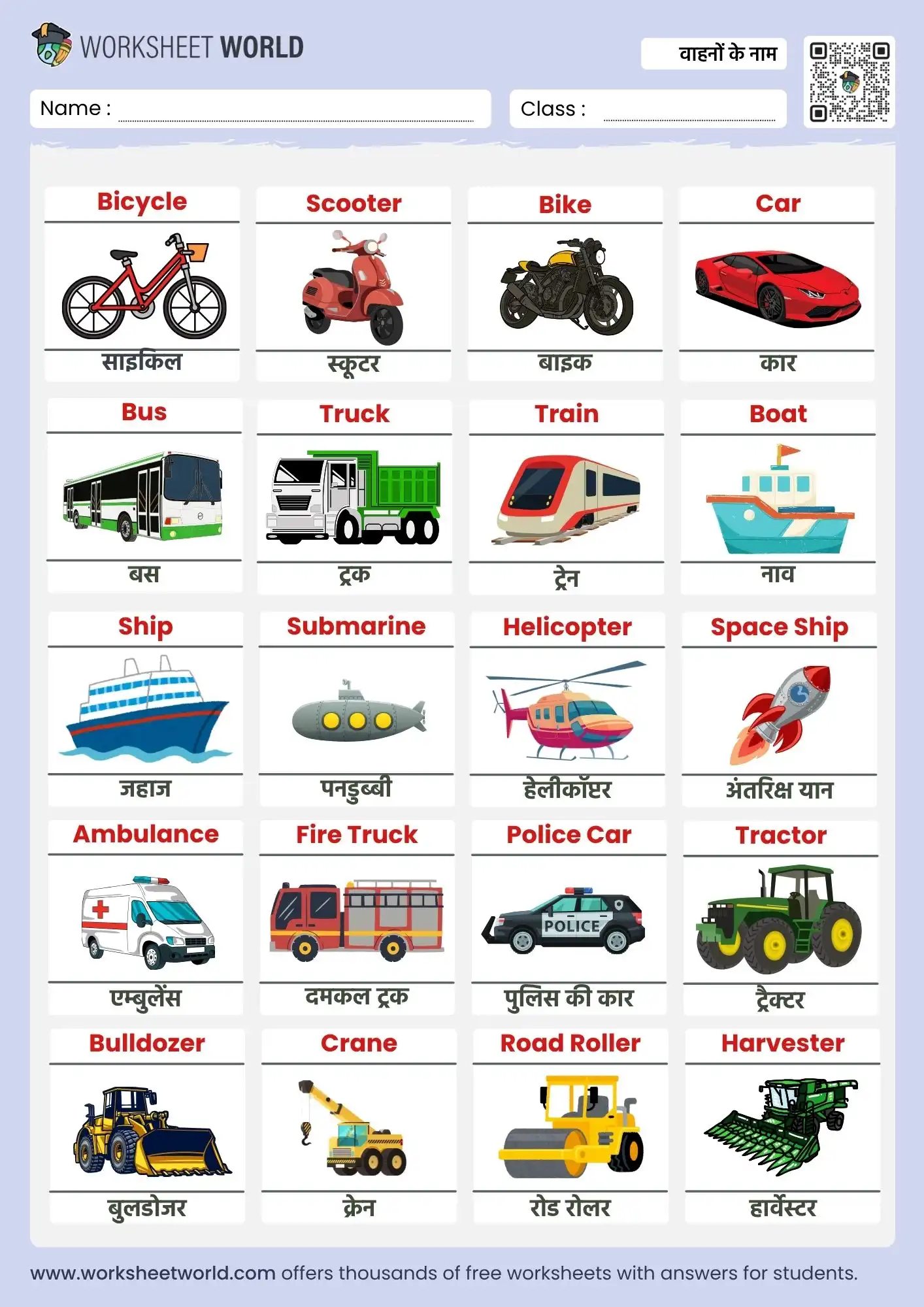 vehicles name in hindi and english chart for kids