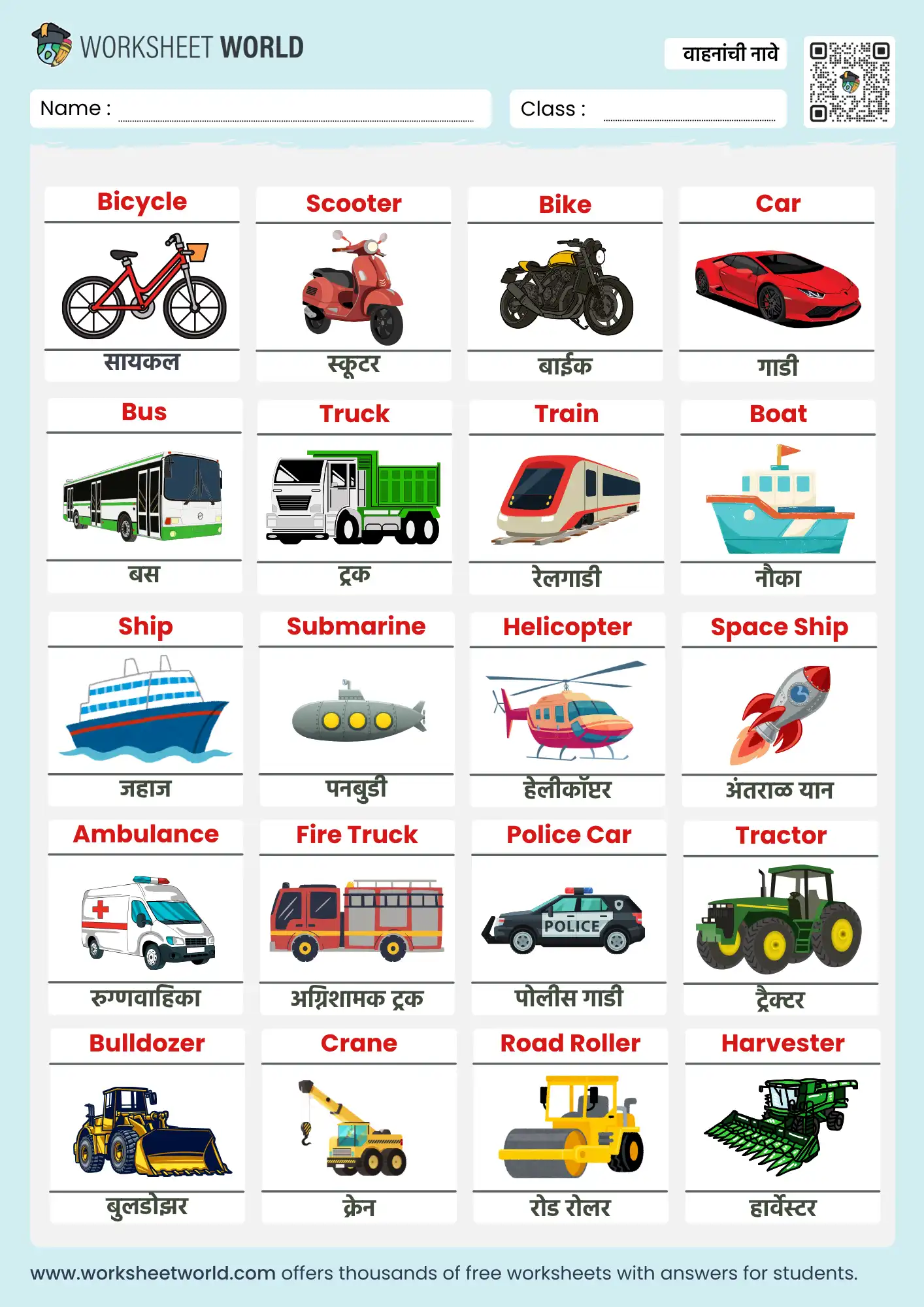 vehicles name in marathi and english chart for kids