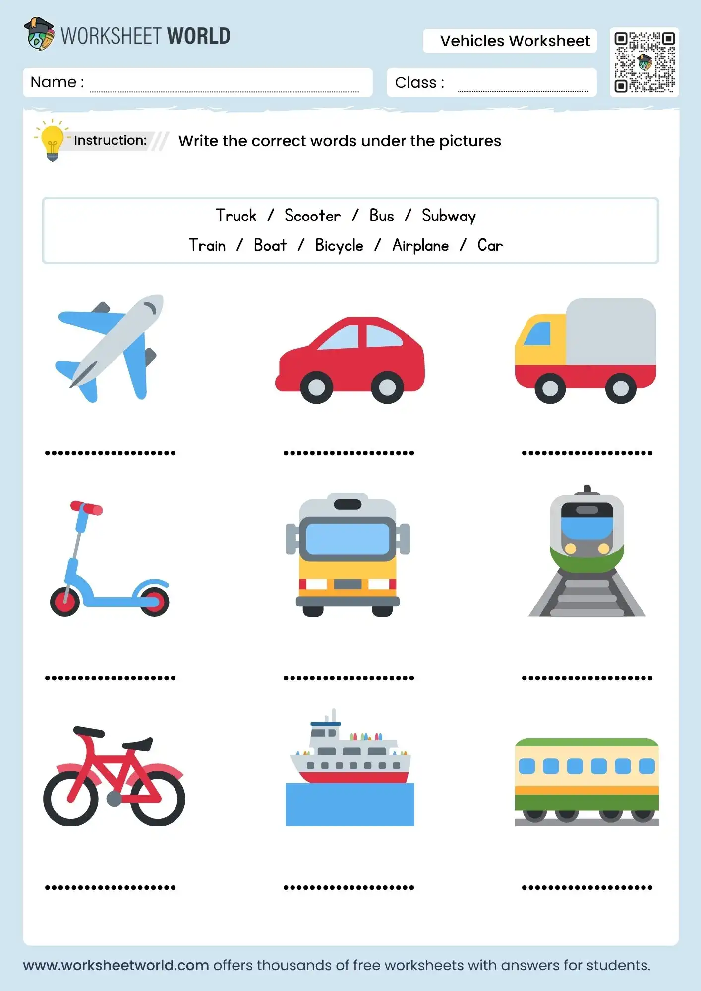 vehicles worksheet for kindergarten with car bus train airplane pictures