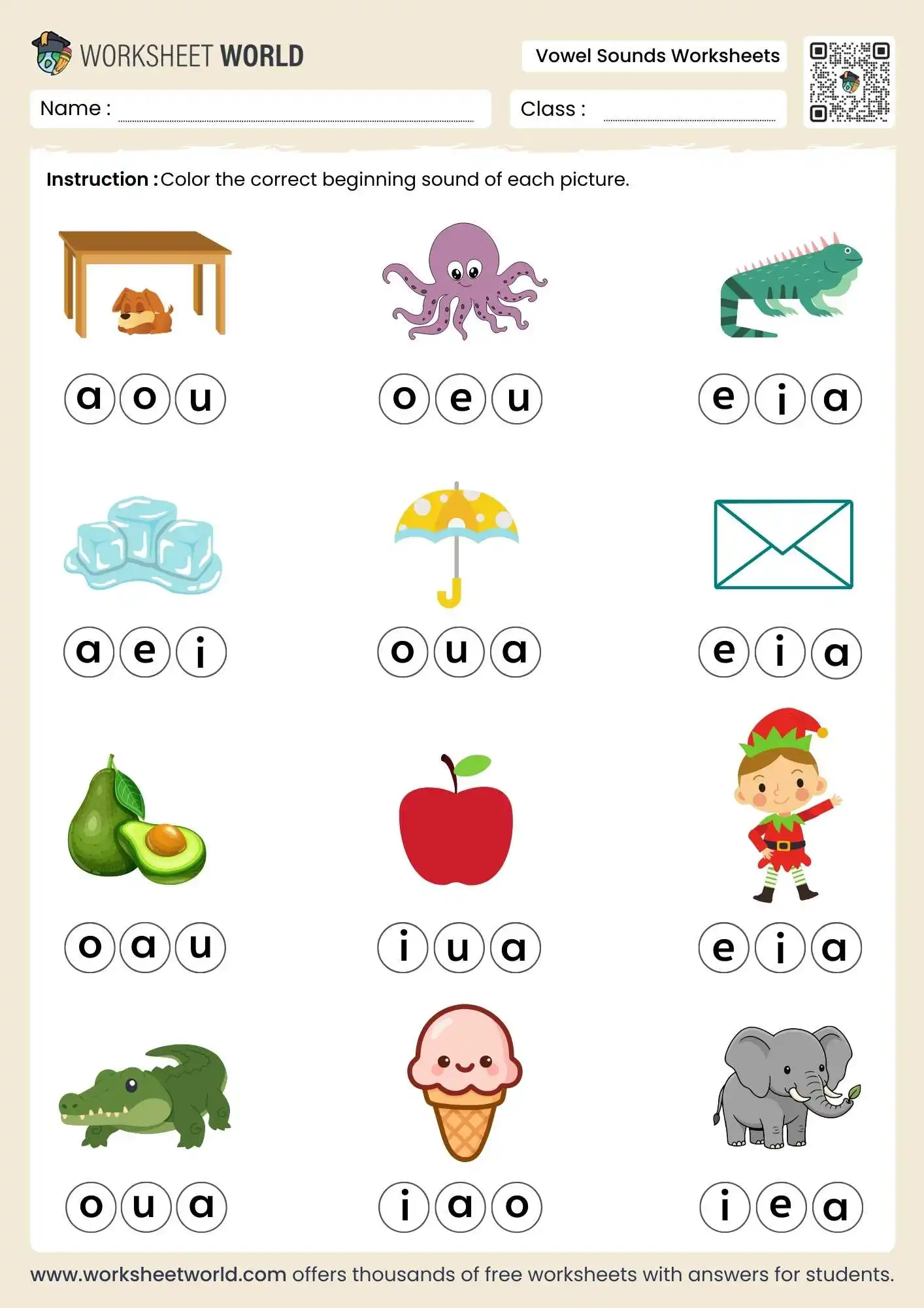 vowel sounds worksheets featuring beginning sound identification for apple octopus and elephant