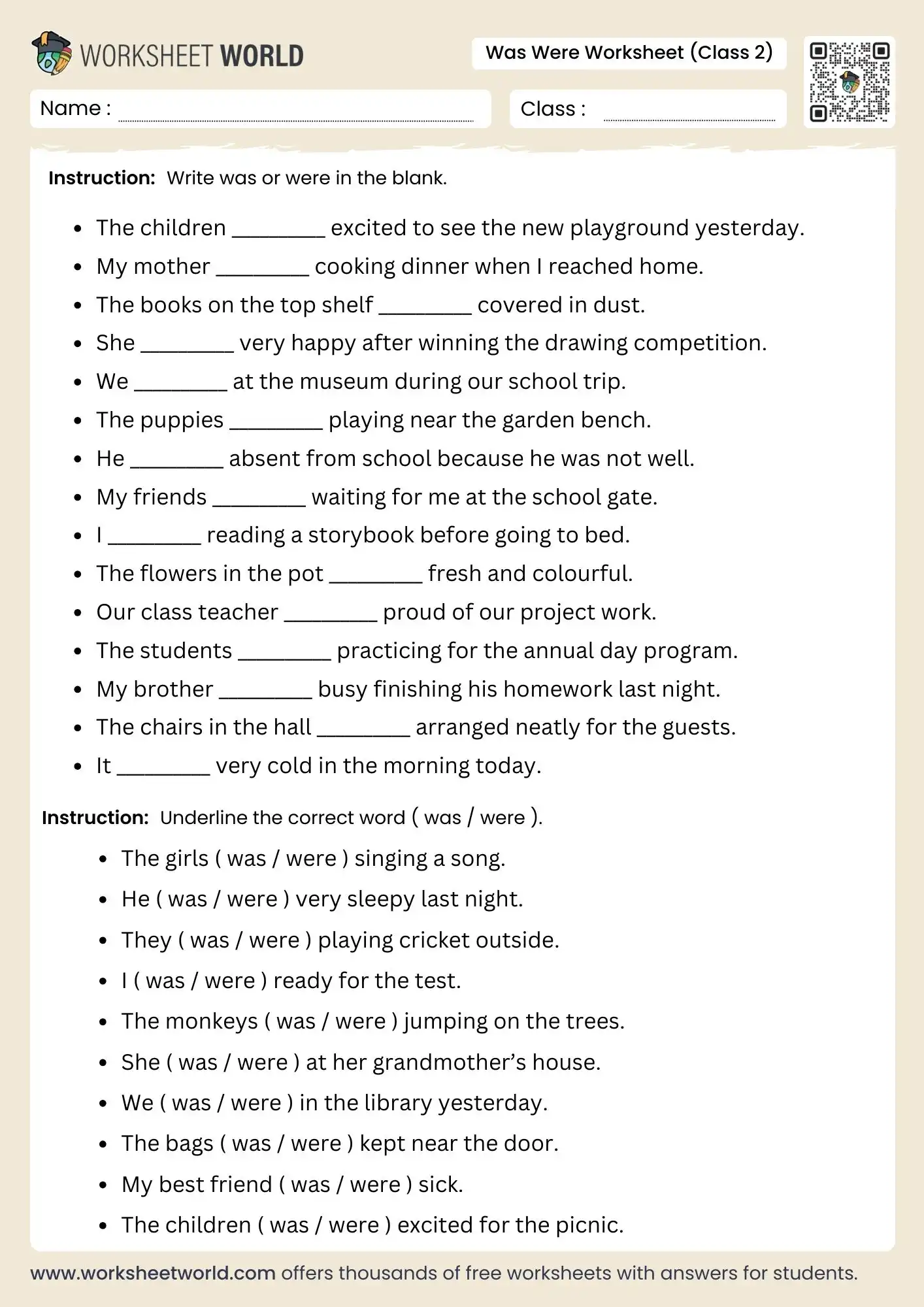 was-were-worksheet-for-class-2 was were worksheet for class 2 english grammar practice pdf