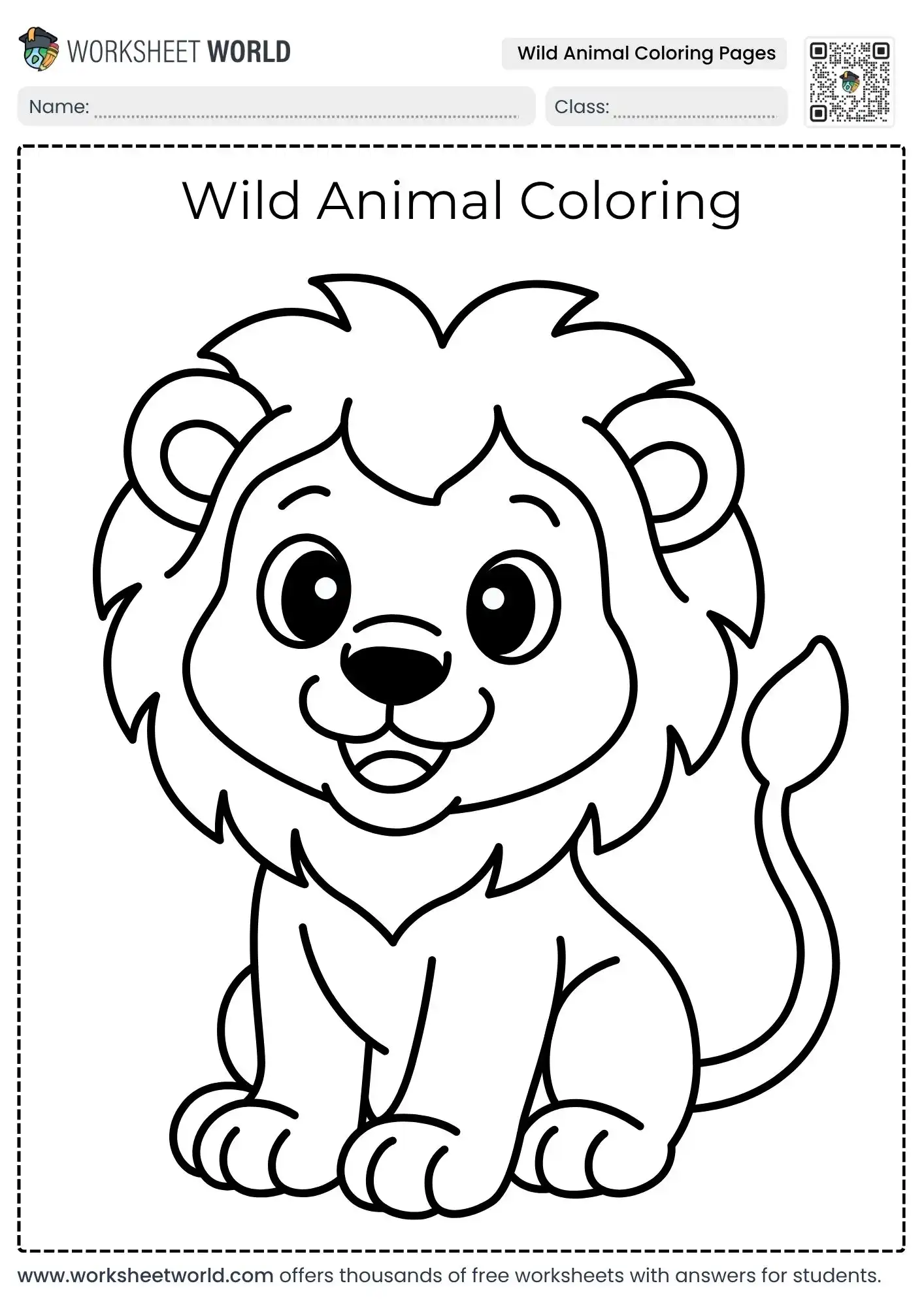 free printable wild animal coloring pages showing a friendly sitting baby lion cub