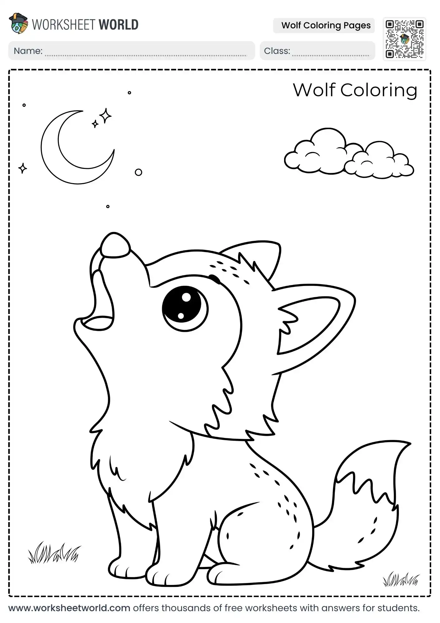 wolf-coloring-page-1 free printable wolf coloring pages showcasing a cute baby cub howling at the moon