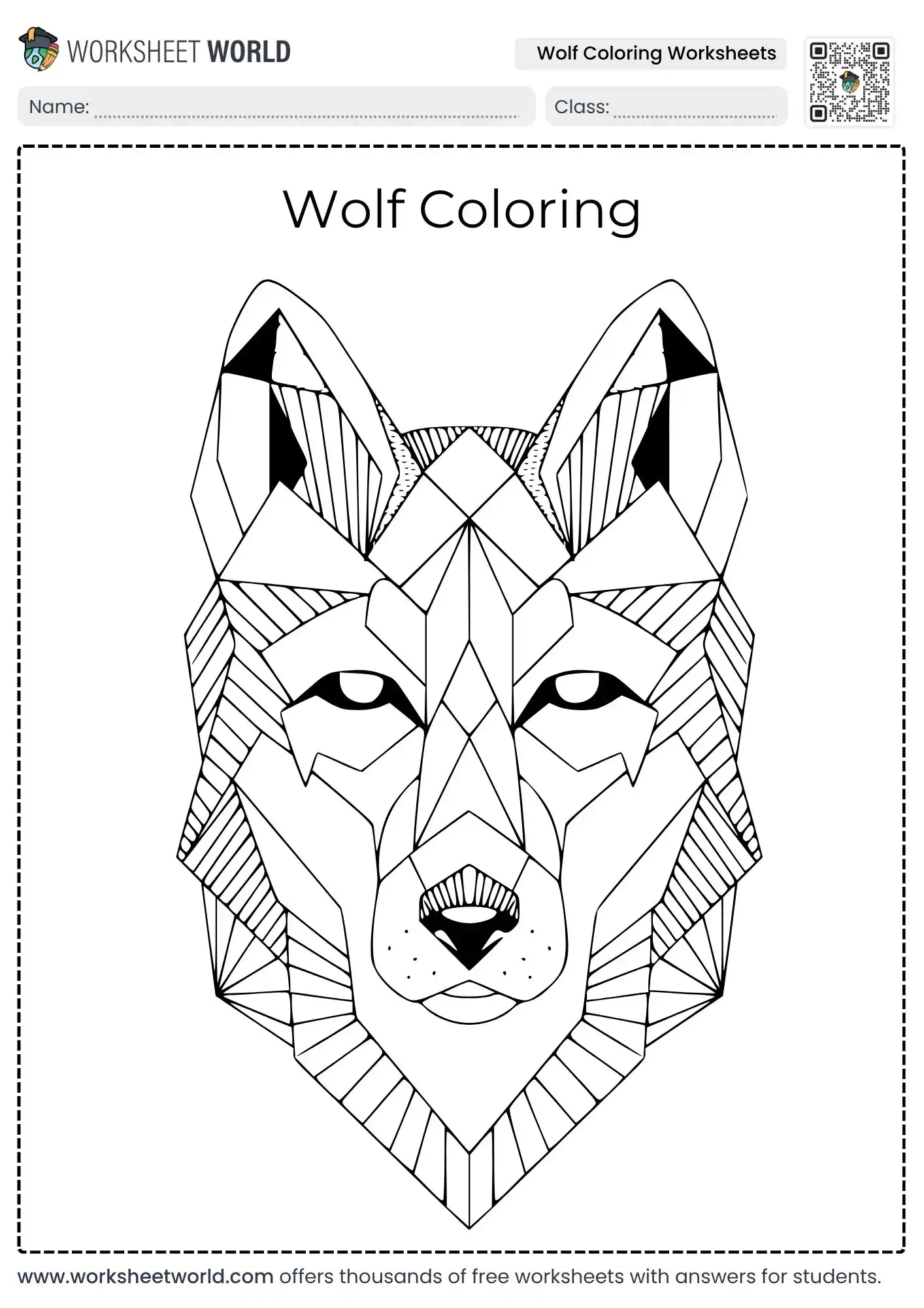 Wild Wolf Coloring Worksheets For Elementary Classroom Creativity 1 educational wolf coloring worksheets showing a detailed geometric wolf head design