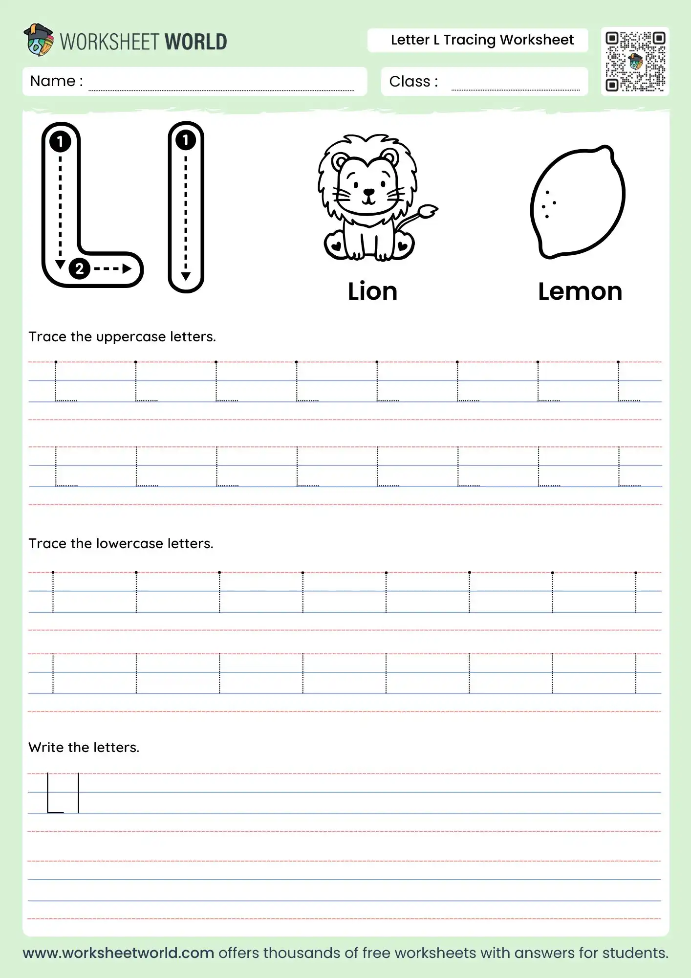 worksheets-for-the-letter-l-page-1 worksheets for the letter l featuring a lion and lemon illustration for kids