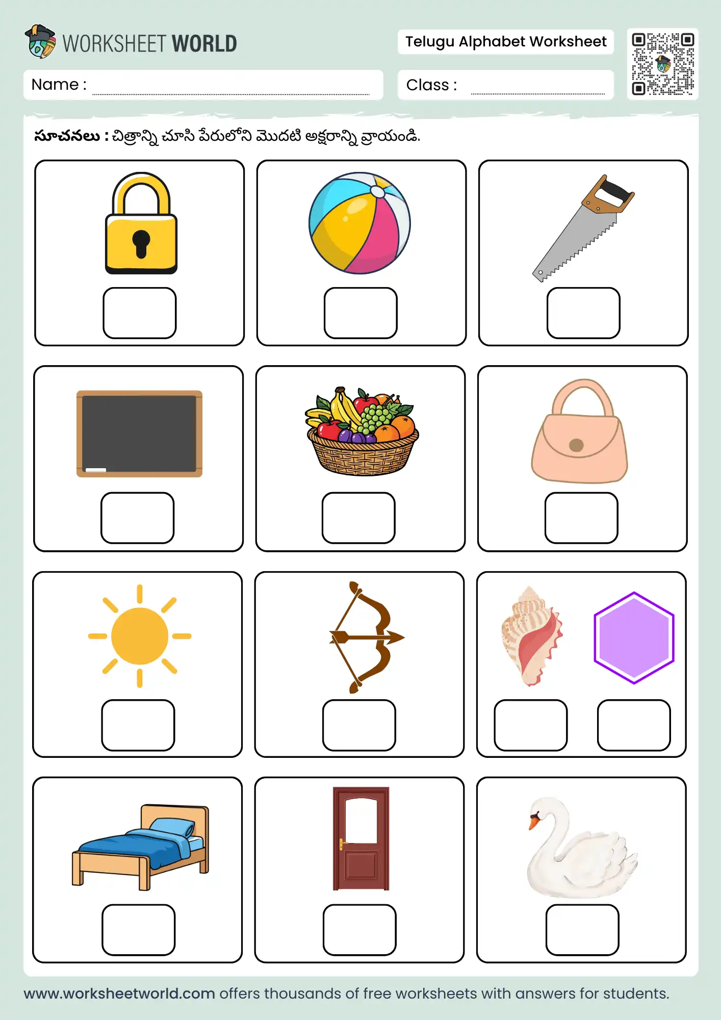 write the correct letter telugu alphabet worksheet with engaging illustrations for kids